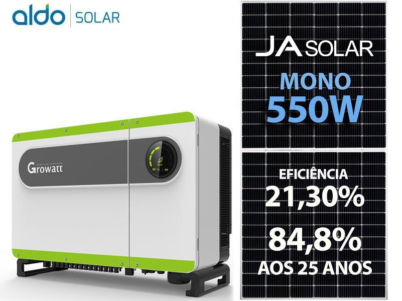 GERADOR DE ENERGIA SOLAR GROWATT METALICA PERFIL 55CM ROMAGNOLE GROWATT GF 49,5KWP JA DEEP BLUE MONO 550W MAX 50KW 8MPPT TRIF 220V