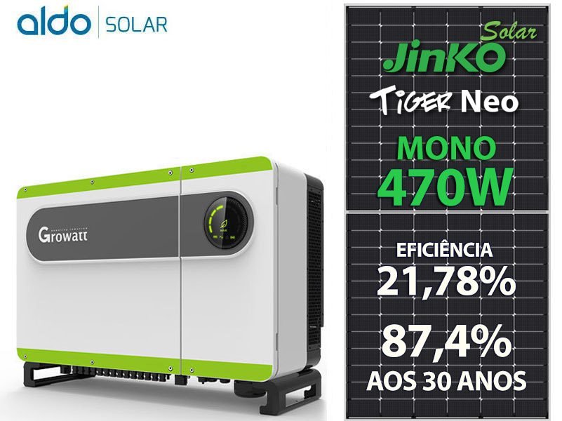 GERADOR DE ENERGIA SOLAR GROWATT METALICA PERFIL 55CM ROMAGNOLE GROWATT GF 111,86KWP JINKO TIGER NEO MONO 470W MAX 75KW 7MPPT TRIF 380V
