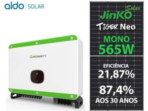 GERADOR DE ENERGIA SOLAR GROWATT METALICA PERFIL 55CM ROMAGNOLE GROWATT GF 46,33KWP JINKO TIGER NEO MONO 565W MAC 36KW 3MPPT TRIF 220V
