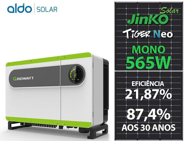 GERADOR DE ENERGIA SOLAR GROWATT METALICA PERFIL 55CM ROMAGNOLE GROWATT GF 84,75KWP JINKO TIGER NEO MONO 565W MAX 75KW 7MPPT TRIF 380V