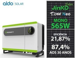 GERADOR DE ENERGIA SOLAR GROWATT METALICA PERFIL 55CM ROMAGNOLE GROWATT GF 180,8KWP JINKO TIGER NEO MONO 565W MAX 75KW 7MPPT TRIF 380V