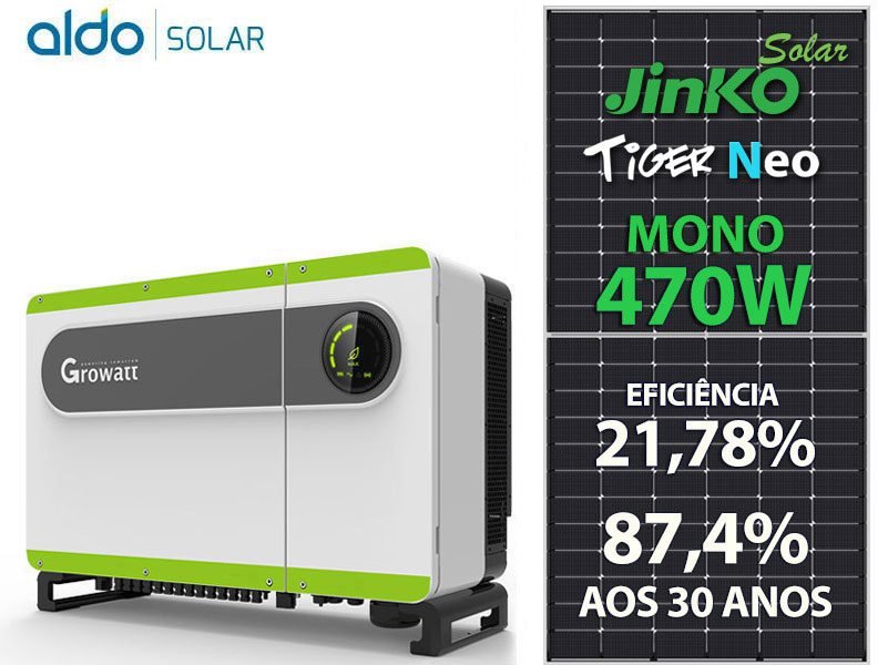 GERADOR DE ENERGIA SOLAR GROWATT METALICA PERFIL 55CM ROMAGNOLE GROWATT GF 178,6KWP JINKO TIGER NEO MONO 470W MAX 75KW 7MPPT TRIF 380V