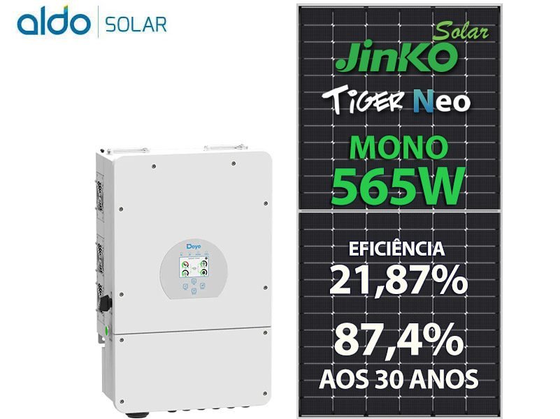 GERADOR DE ENERGIA SOLAR DEYE HIBRIDO METALICA PERFIL 55CM ROMAGNOLE DEYE GF 7,91KWP JINKO TIGER NEO MONO 565W SUN 8KW HIBRIDO 2MPPT BIF 127/220