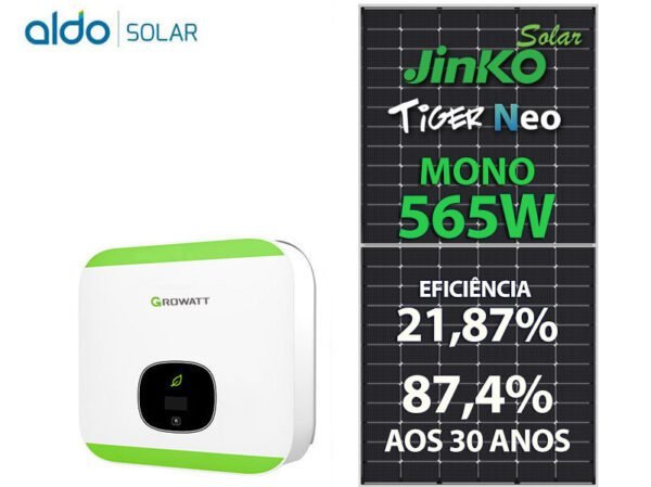 GERADOR DE ENERGIA SOLAR GROWATT METALICA PERFIL 55CM ROMAGNOLE GROWATT GF 4,52KWP JINKO TIGER NEO MONO 565W MIN 6KW 2MPPT MONO 220V