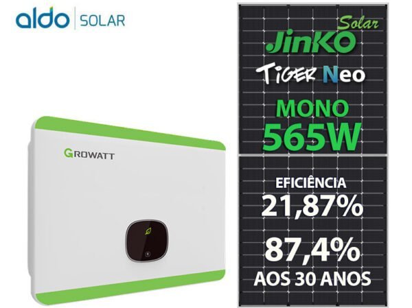 GERADOR DE ENERGIA SOLAR GROWATT METALICA PERFIL 55CM ROMAGNOLE GROWATT GF 13,56KWP JINKO TIGER NEO MONO 565W MID 15KW 4MPPT TRIF 220V
